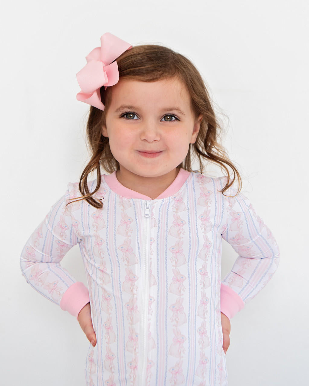 Pink Bunny And Bow Knit Zipper Pajamas  Monogram