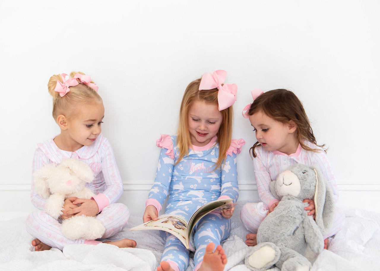 Pink Bunny And Bow Knit Zipper Pajamas  Monogram