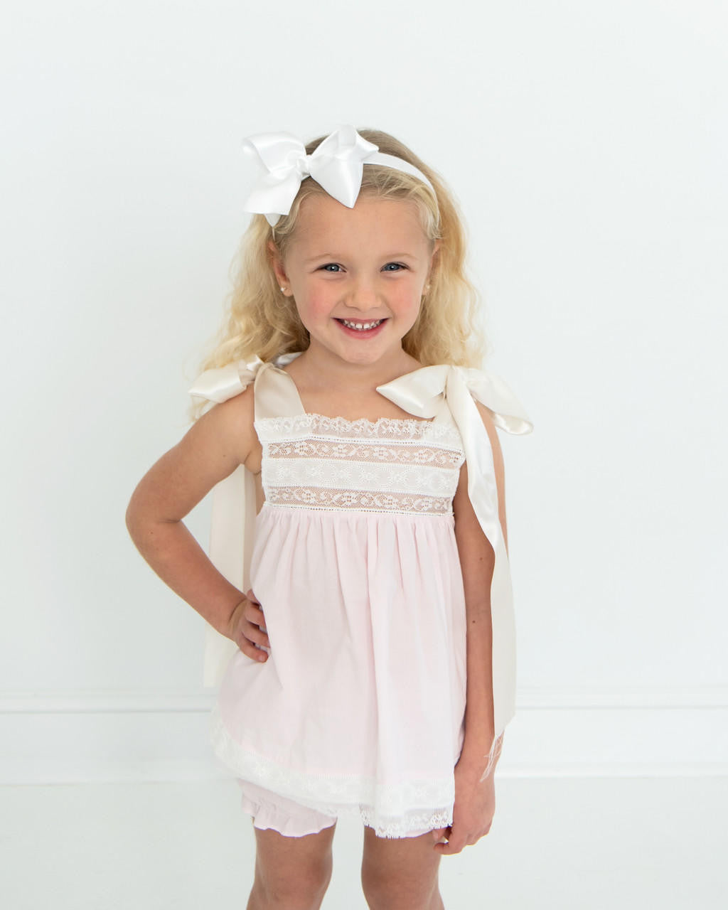 Pink Heirloom Satin Shoulder Tie Diaper Set  Smocked Threads