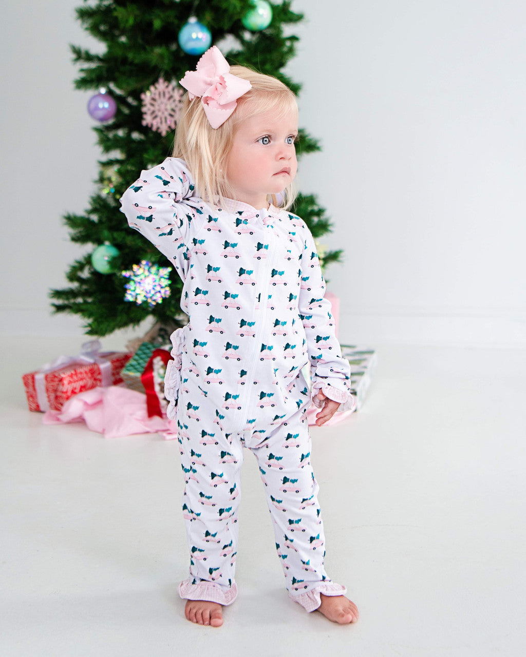 Pink Knit Christmas Car Print Zipper Pajamas