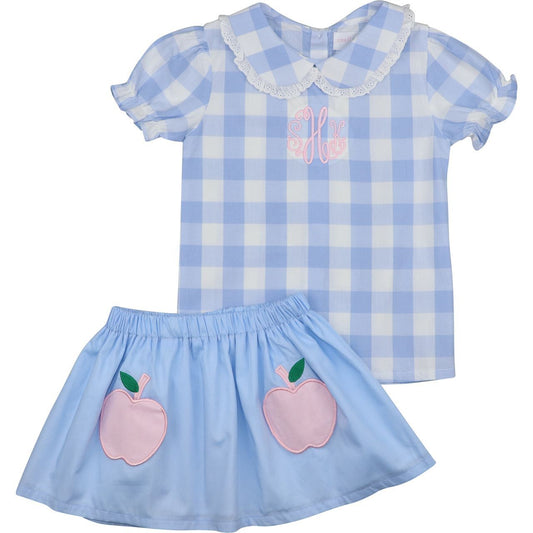 Blue Check Applique Apple Skirt Set