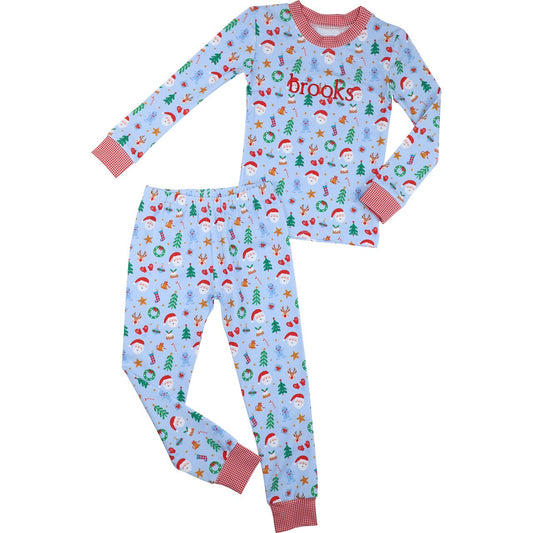 Blue Knit Yuletide Print Pajamas
