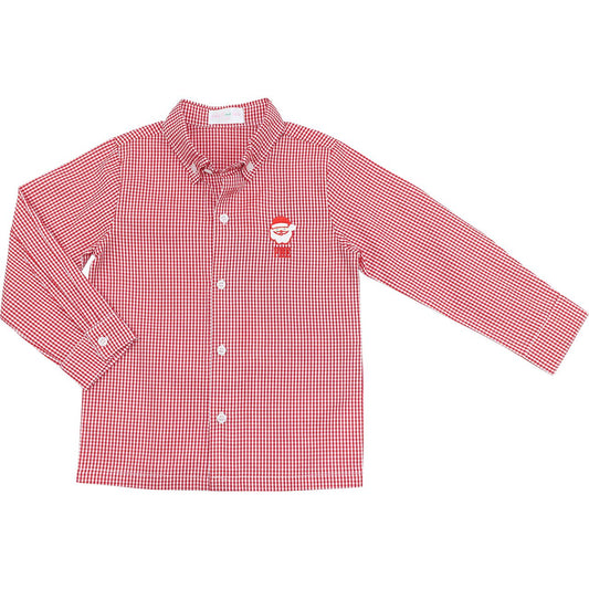 Red Gingham Embroidered Santa Button Down Shirt