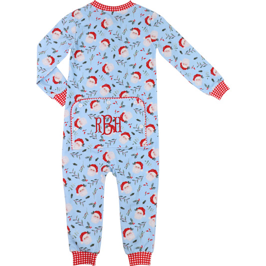 Blue Knit Santa And Holly Zipper Pajamas