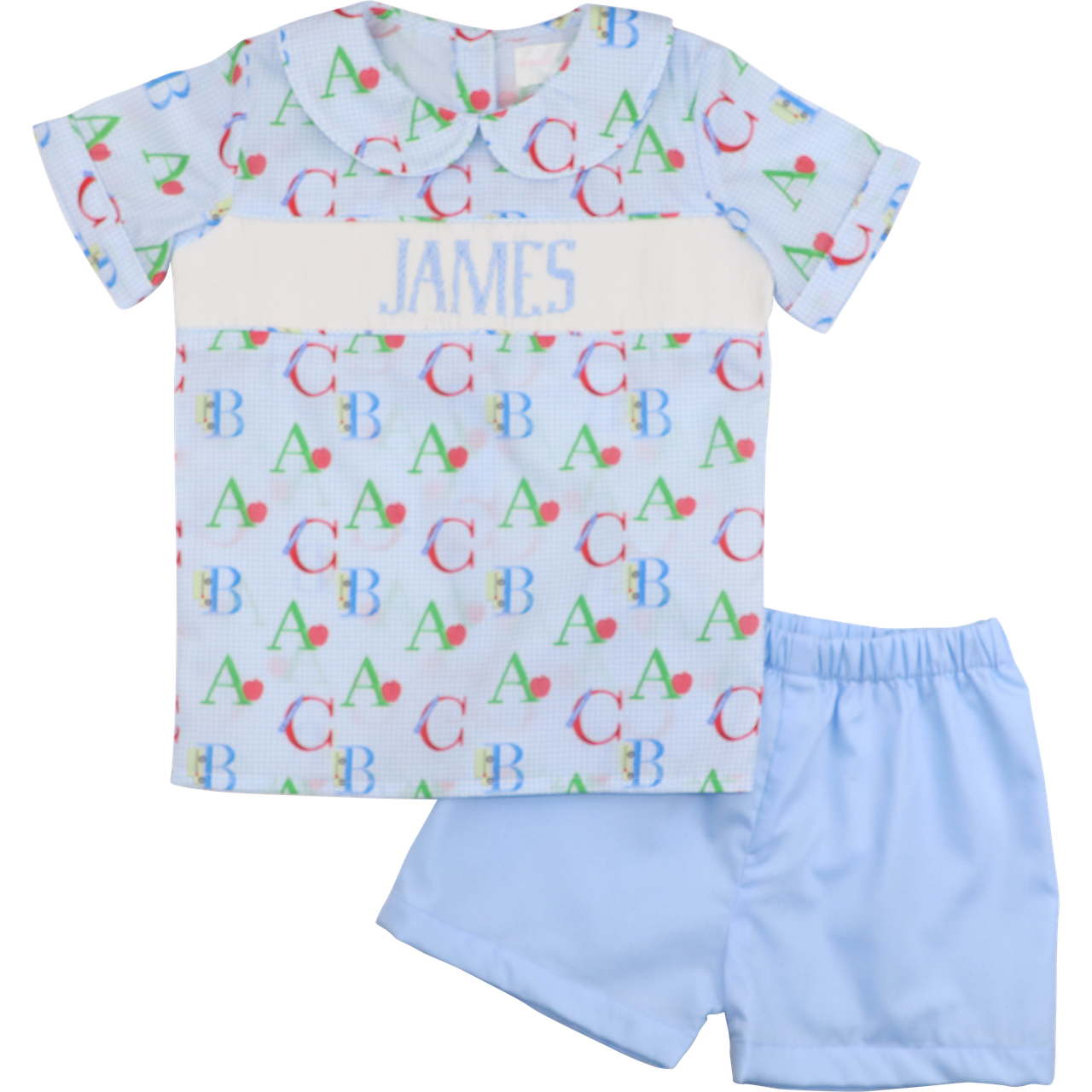 Blue Gingham Custom Smocked Alphabet Short Set