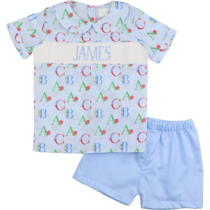 Blue Gingham Custom Smocked Alphabet Short Set