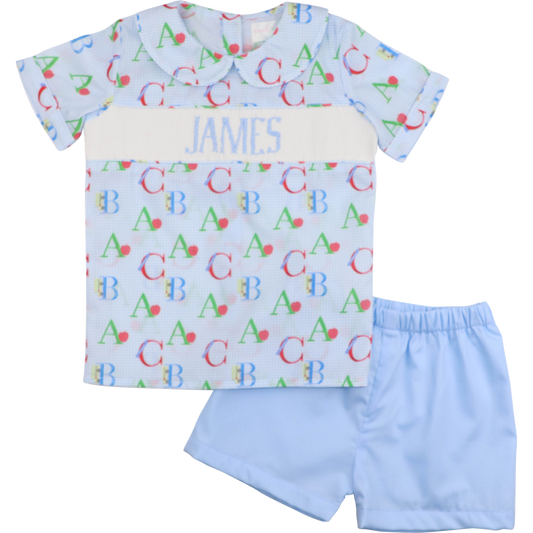 Blue Gingham Custom Smocked Alphabet Short Set