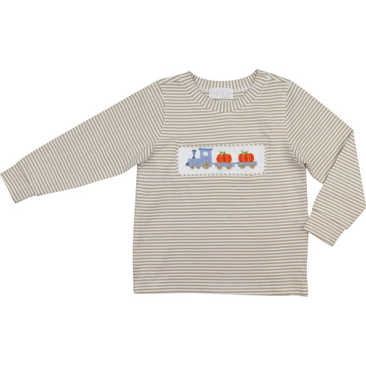 Khaki Stripe Knit Smocked Pumpkin Train Shirt