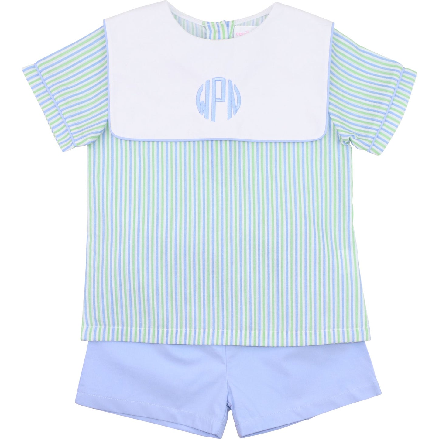 Blue And Green Seersucker Square Collar Short Set