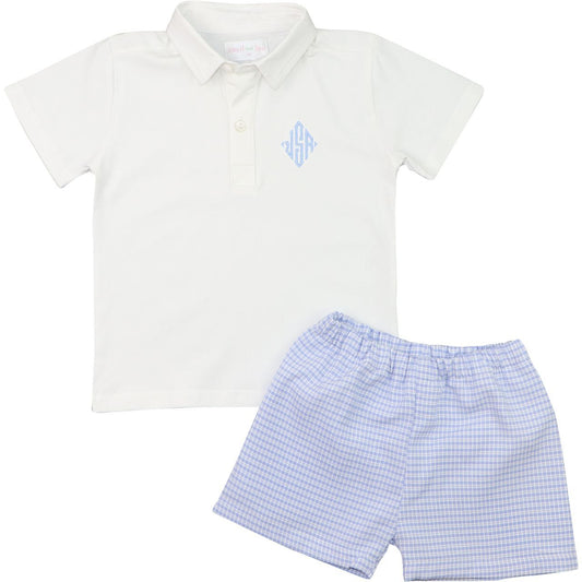 Blue Gingham Seersucker Polo Short Set