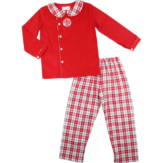 Red and Green Plaid Side Button Pant Set