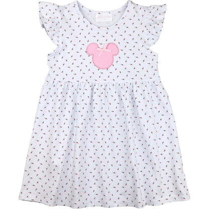 Rosebud Print Applique Mouse Ears Dress Smocked Threads