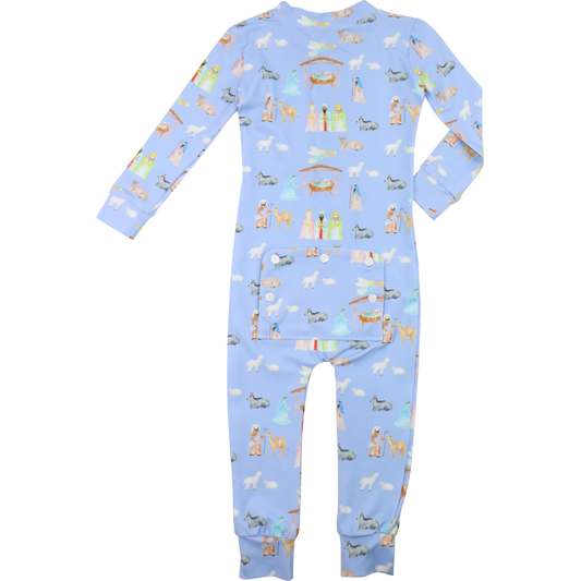 Blue Knit Nativity Scene Zipper Pajamas