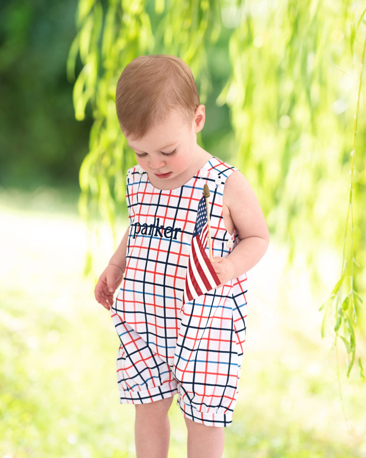 The Best Dressed Child Baby / Toddler Boys Navy Blue Check Jon Jon - Embroidered Apples