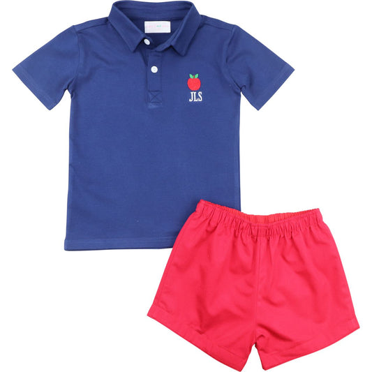 Navy And Red Embroidered Apple Polo Short Set