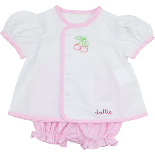 Pink Gingham Embroidered Cherry Diaper Set
