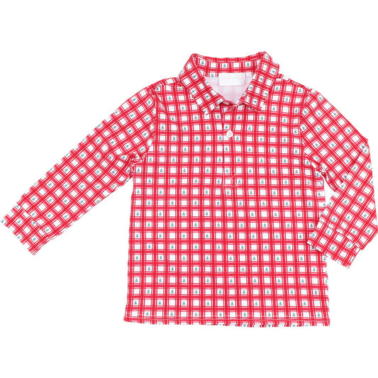 Red Check Knit Christmas Tree Polo Shirt