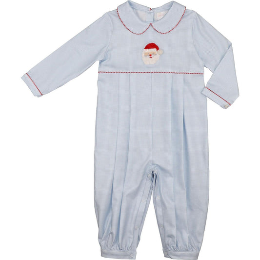 Blue Gingham Knit Crocheted Santa Long Romper