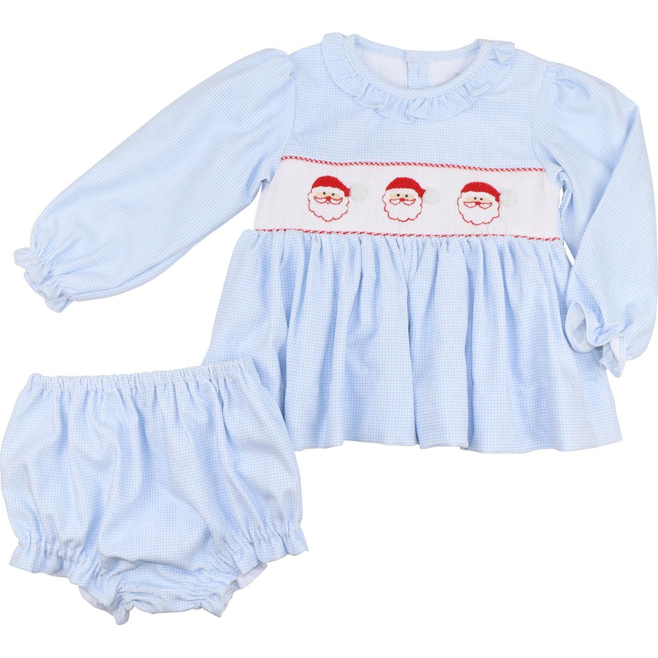 Blue Gingham Corduroy Smocked Santa Diaper Set