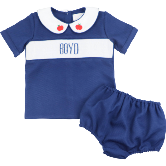 Navy Honeycomb Custom Smocked Back To School Diaper Set
