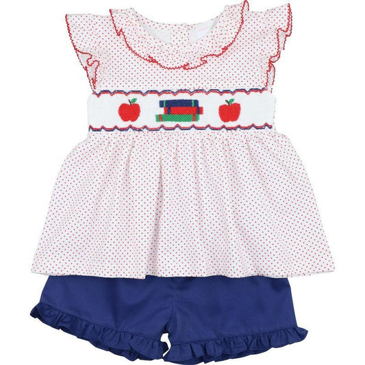 Red And Navy Dot Smocked Apple And Books Short Set