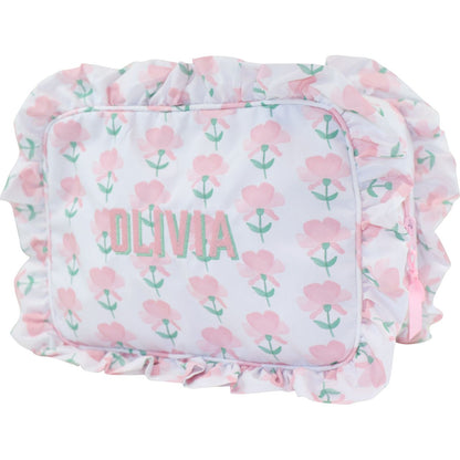 Pink And Green Floral Ruffle Zipper Pouch