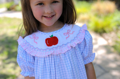 Blue And Pink Windowpane Smocked Apple And Bow Dress
