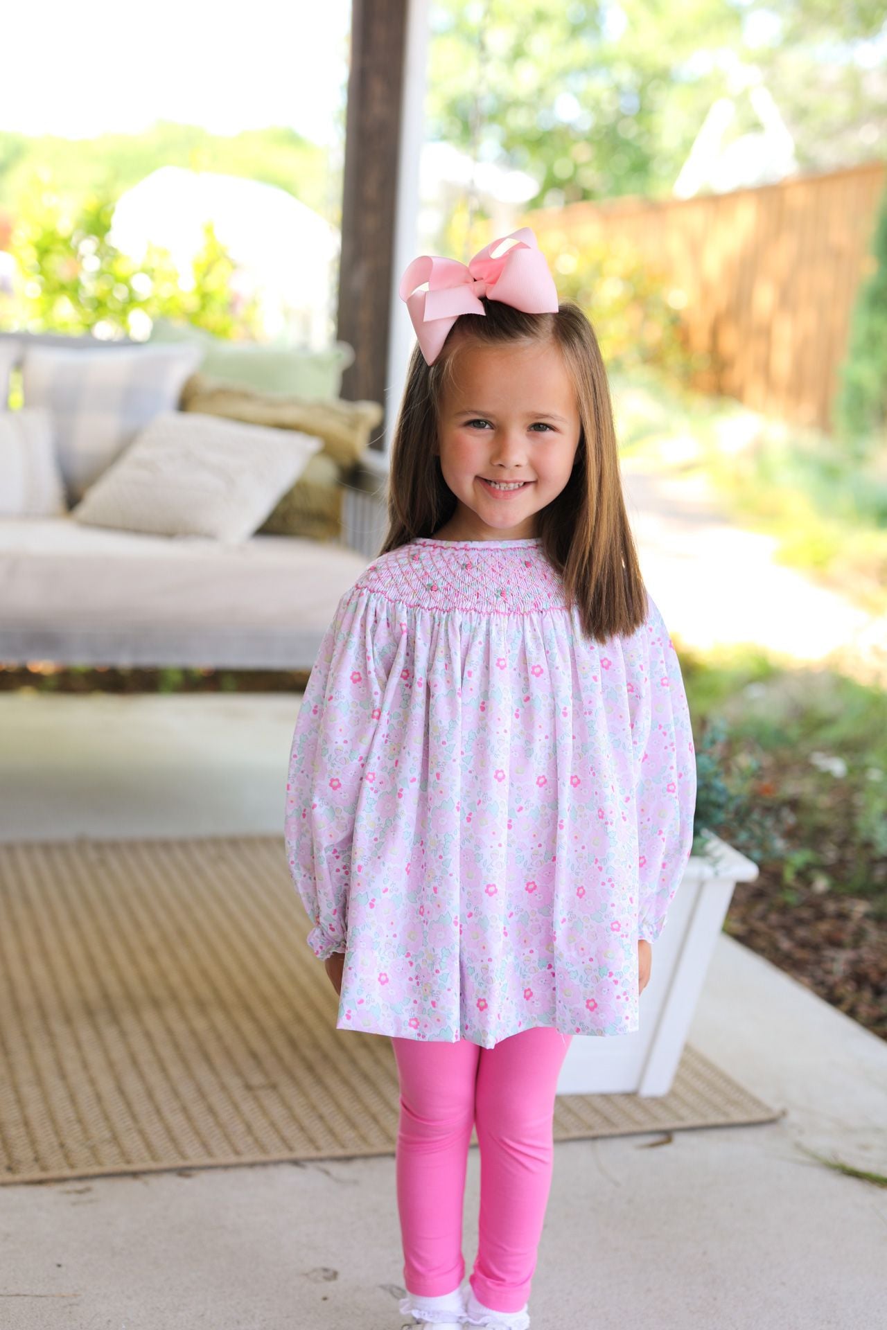 Pink And Green Floral Smocked Legging Set