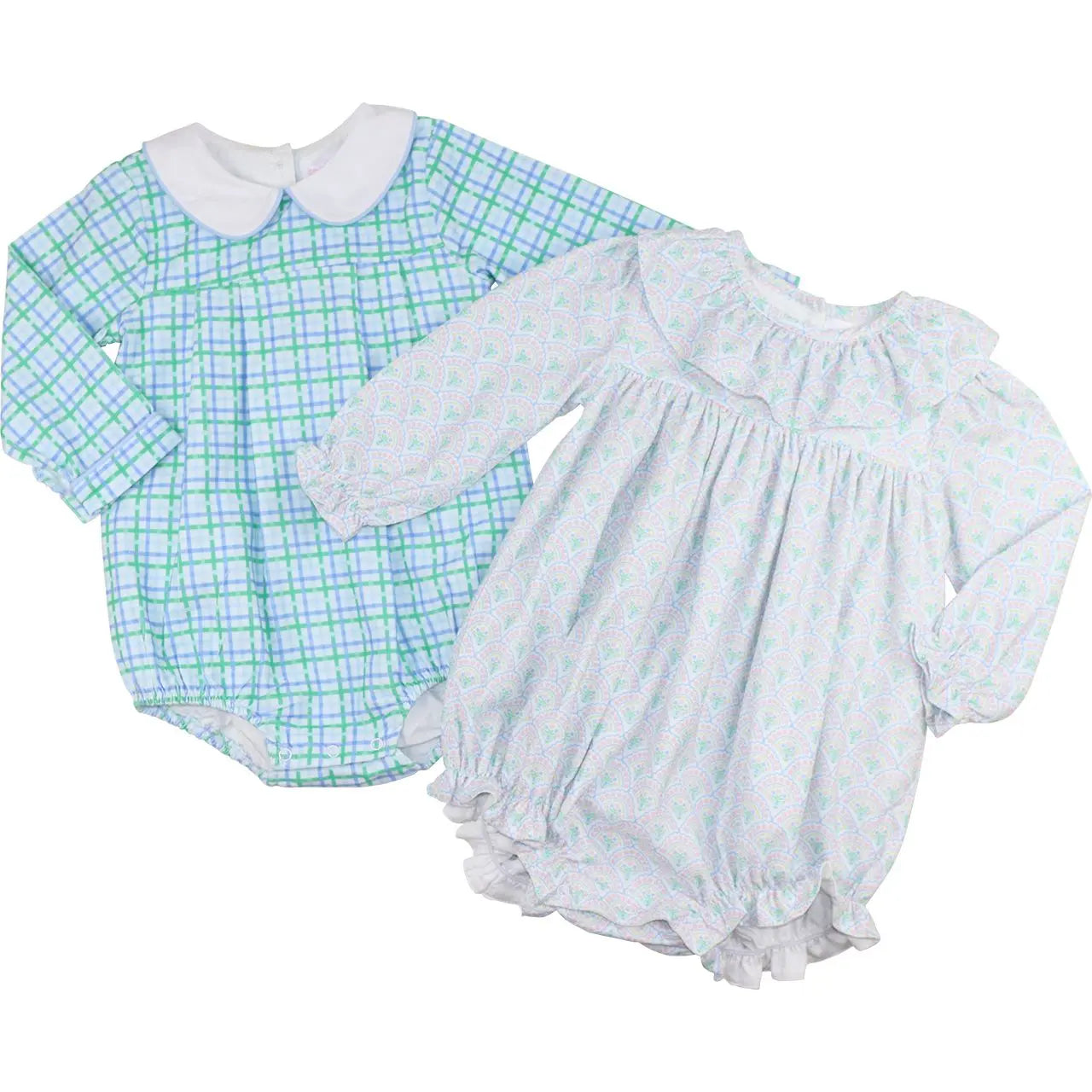Two baby outfits: a green checkered romper and a white dress with blue floral pattern on a white background.