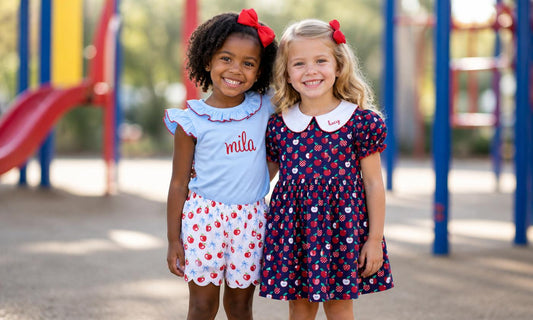 two girls on a playground in back to school clothes