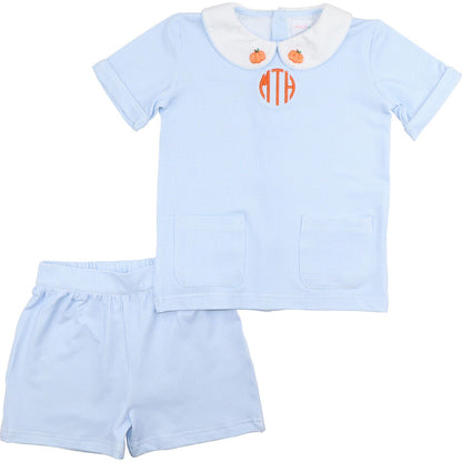 Blue Knit Gingham Embroidered Pumpkin Short Set