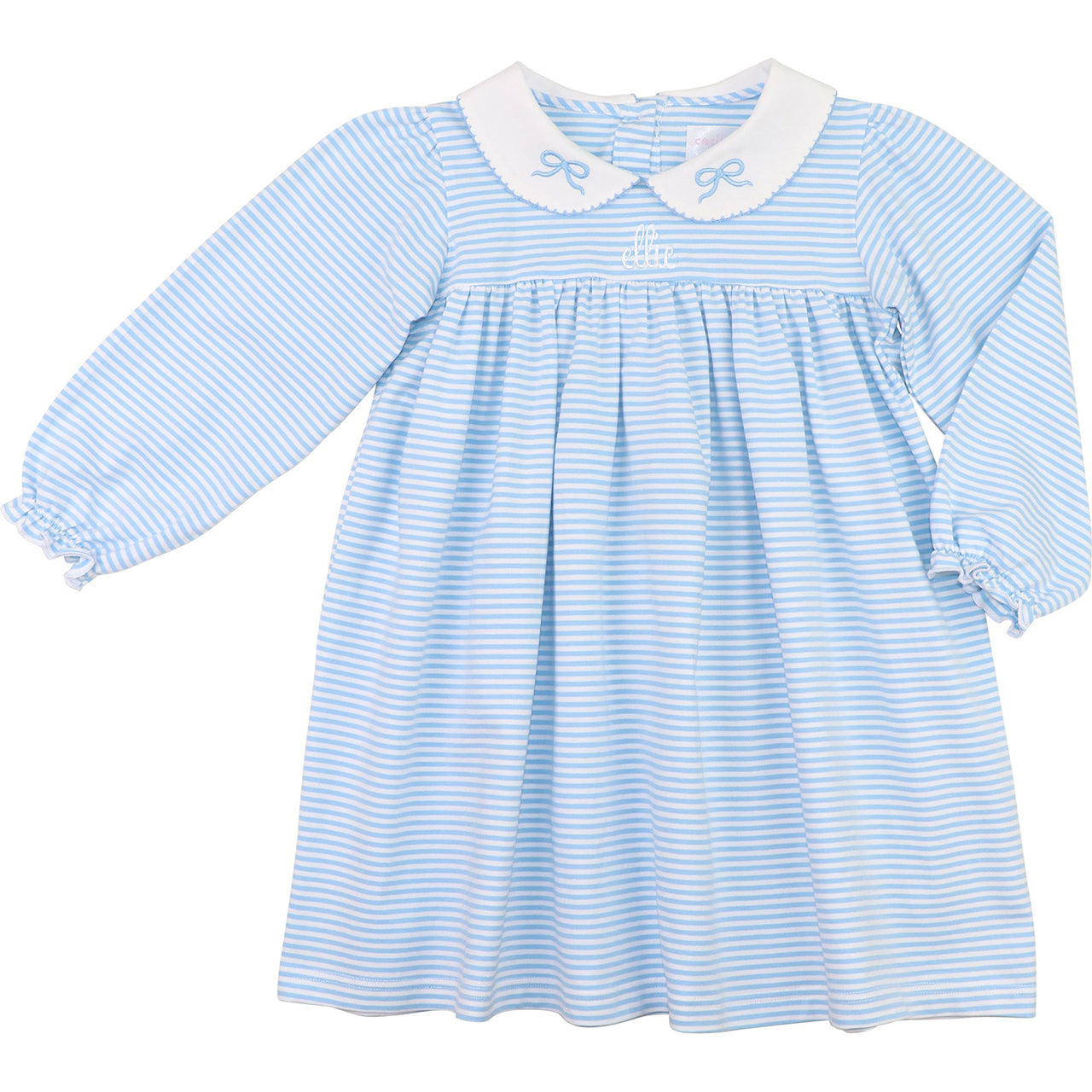 Blue Striped Knit Embroidered Bow Dress
