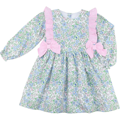 Pink And Blue Floral Corduroy Bow Dress