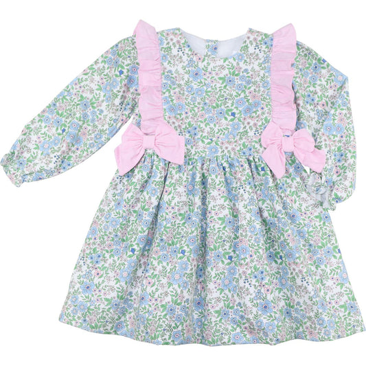 Pink And Blue Floral Corduroy Bow Dress