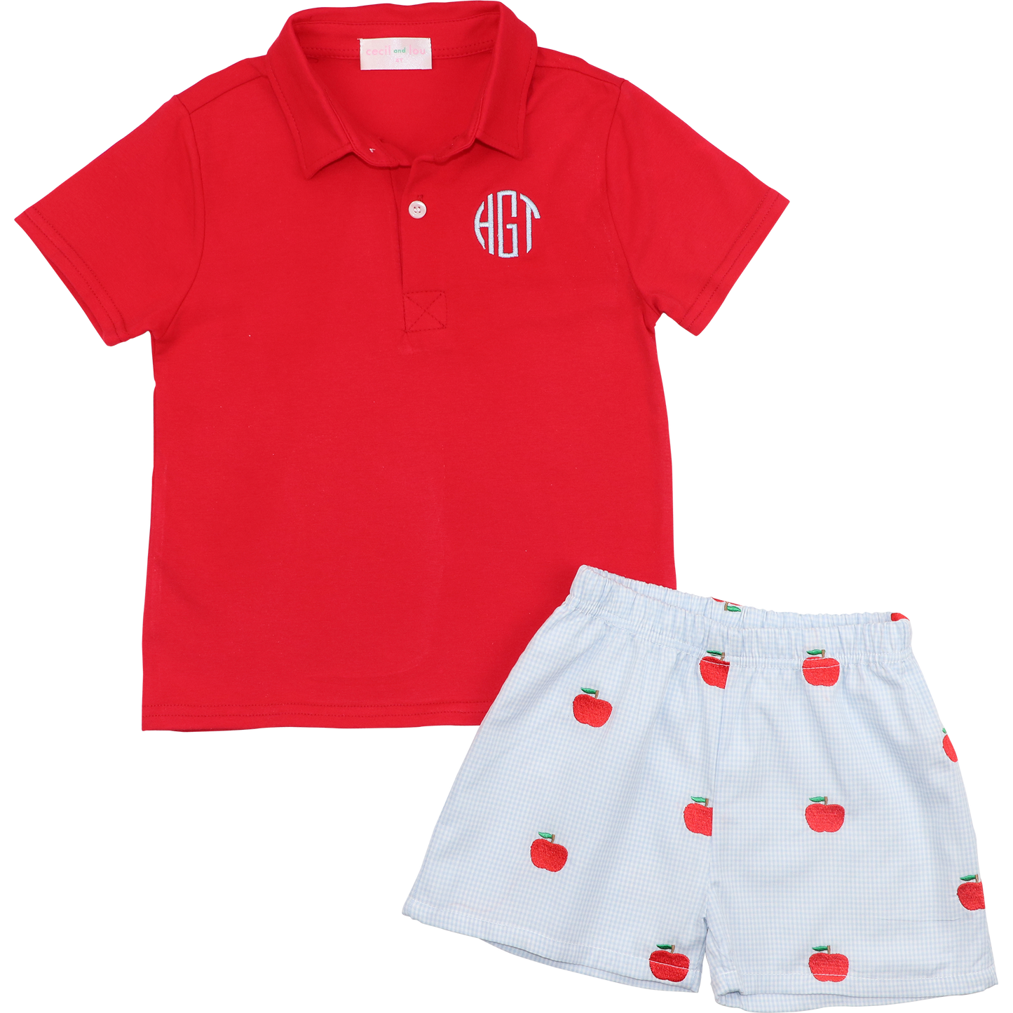 Blue Gingham Embroidered Apple Red Polo Short Set