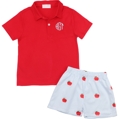 Blue Gingham Embroidered Apple Red Polo Short Set