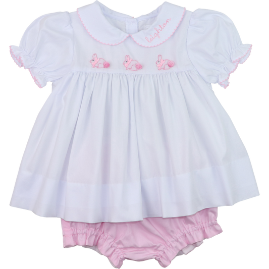 Pink And White Shadow Embroidered Bunny Diaper Set