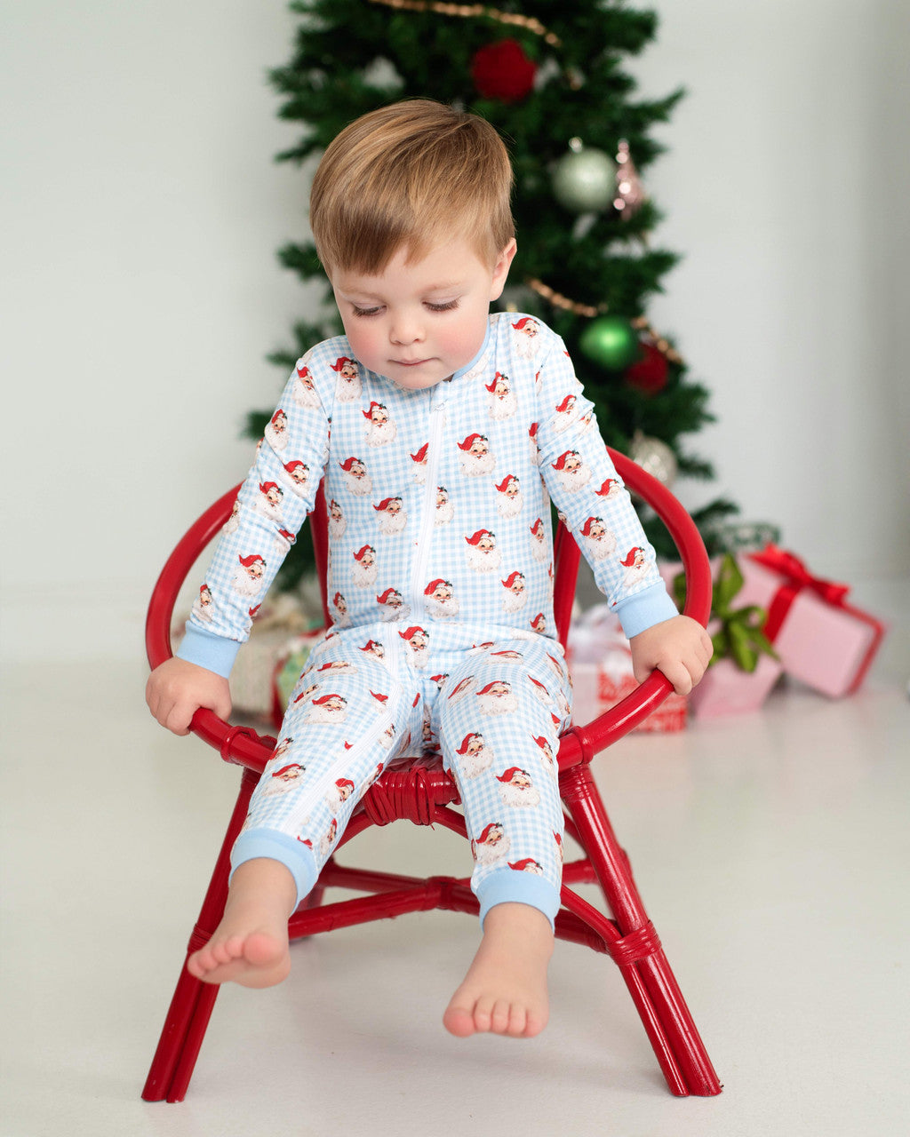 Blue Knit Gingham Santa Face Zipper Pajamas