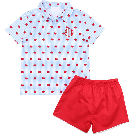 Blue Gingham Apple Polo Short Set