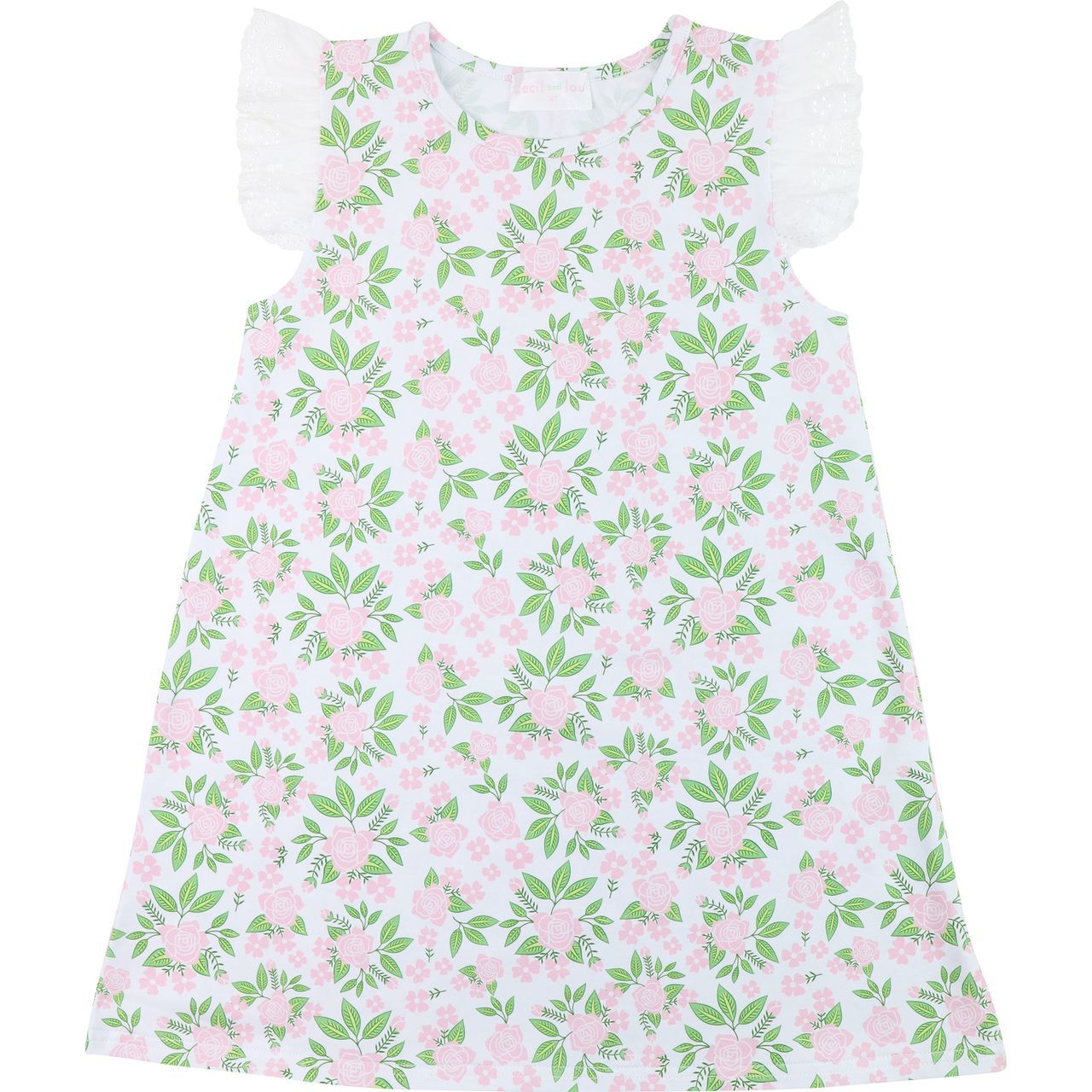 Pink And Green Roses Knit Eyelet Dress
