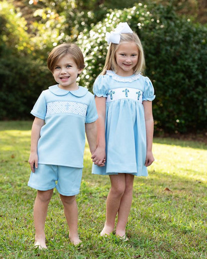 Blue Honeycomb Eyelet Smocked Cross Dress