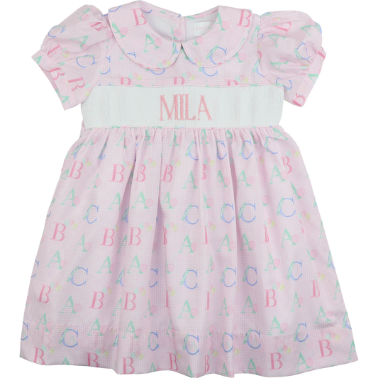 Pink Custom Smocked Alphabet Dress