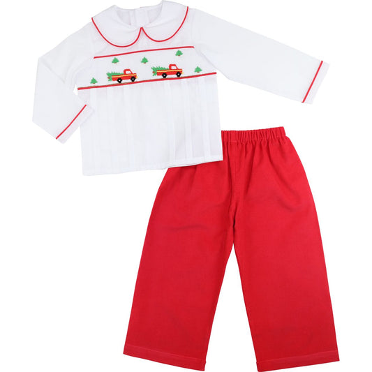 Red Corduroy Smocked Christmas Tree Truck Pant Set