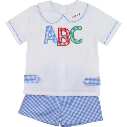 Blue Gingham Applique ABC Short Set