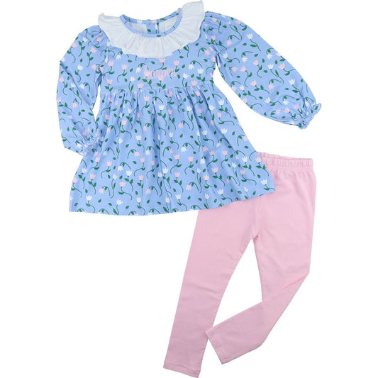 Blue And Pink Tulip Print Knit Floral Legging Set