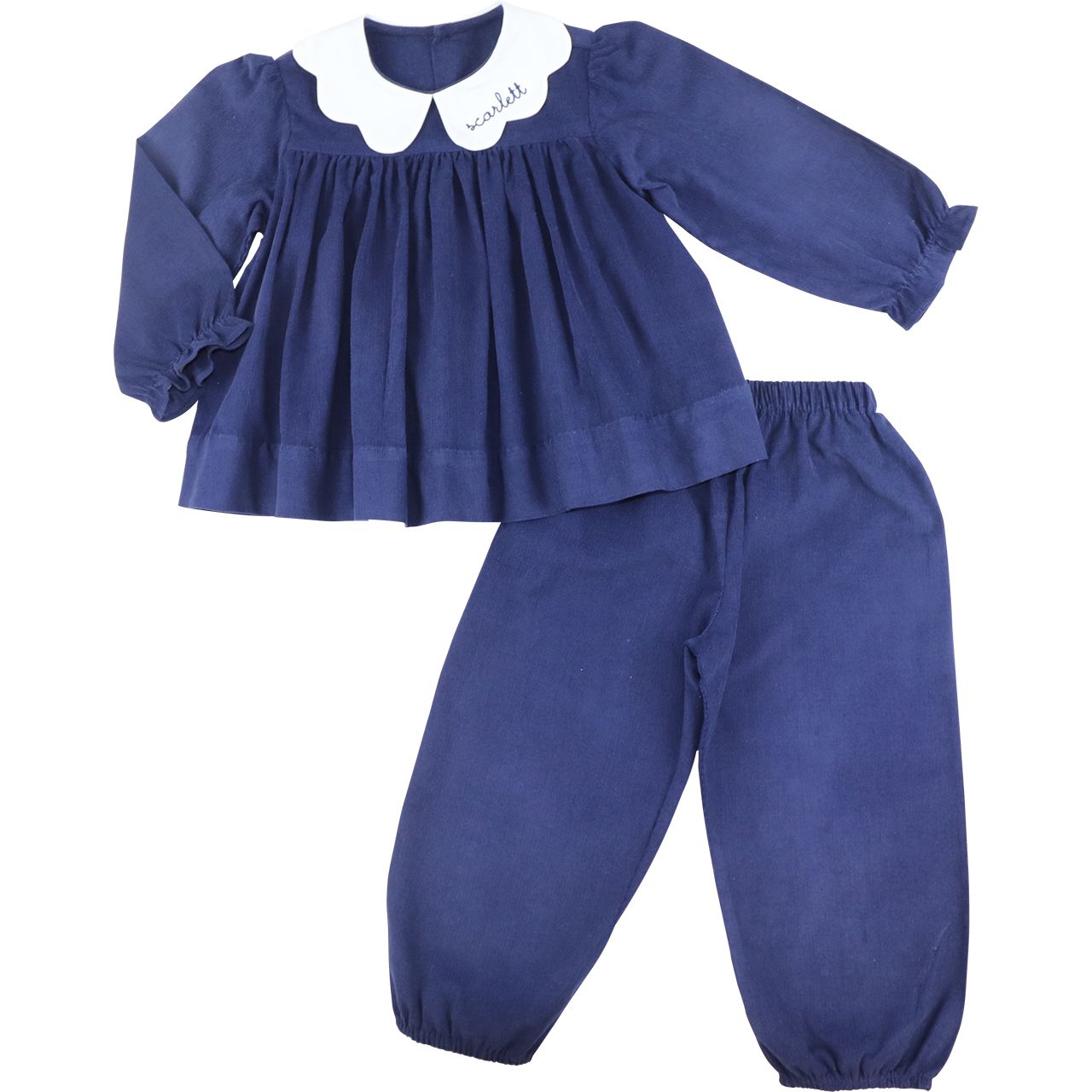 Navy Corduroy Scalloped Collar Pant Set