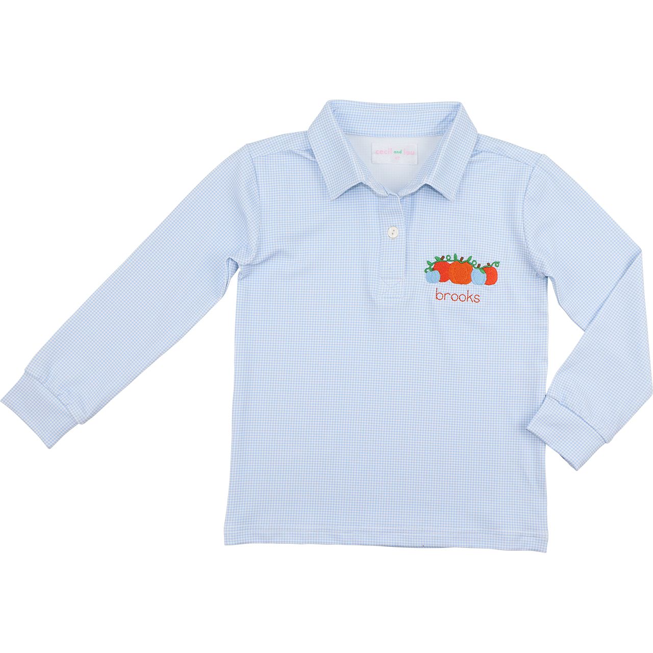 Blue Knit Gingham Embroidered Pumpkin Polo Shirt