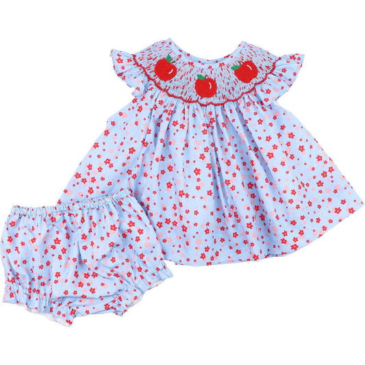 Red And Blue Floral Smocked Apple Diaper Set