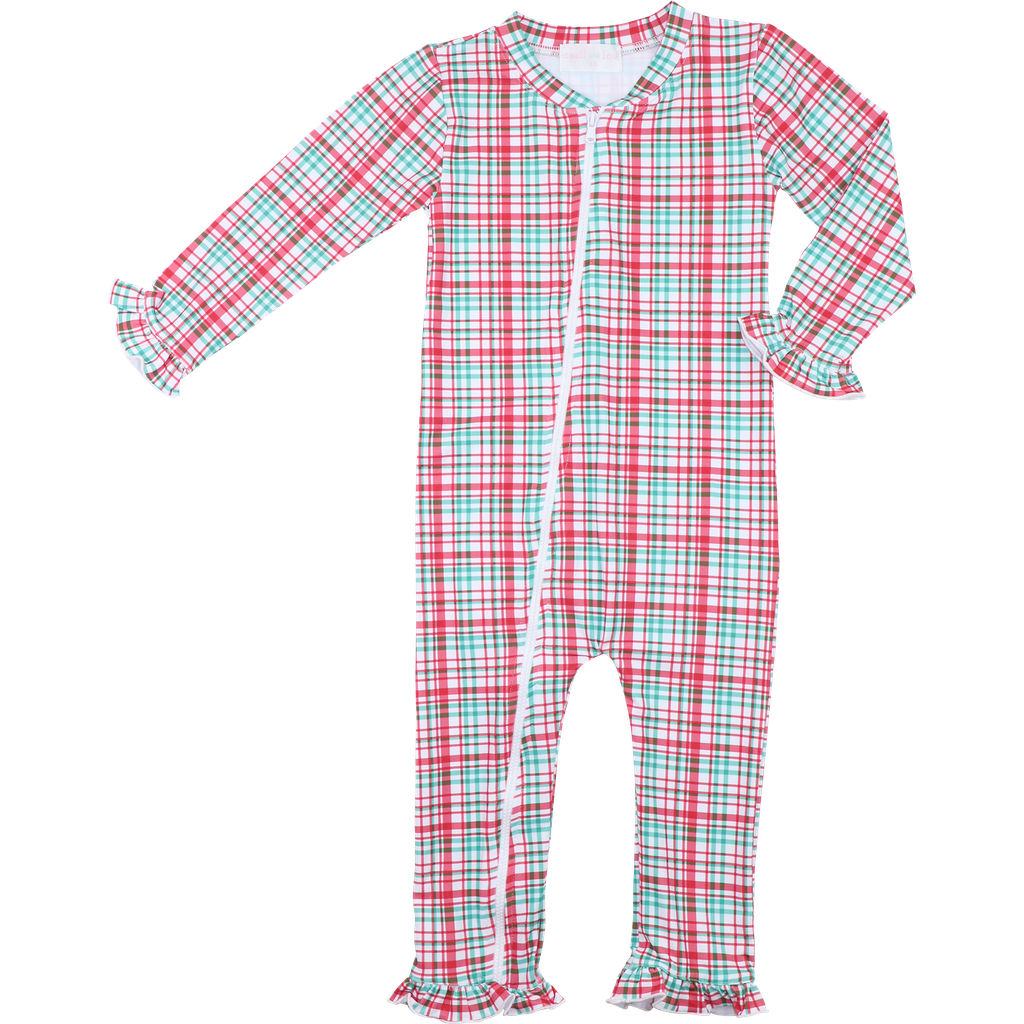 Red And Green Plaid Knit Zipper Ruffle Pajamas
