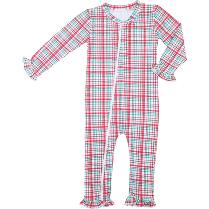 Red And Green Plaid Knit Zipper Ruffle Pajamas